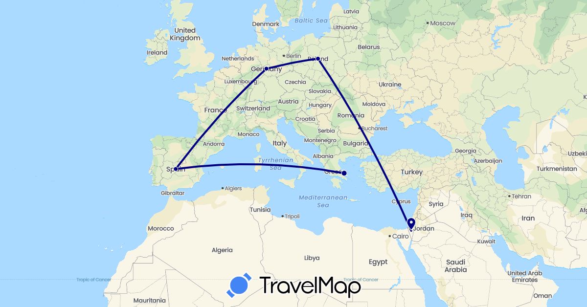 TravelMap itinerary: driving in Germany, Spain, Greece, Poland (Europe)